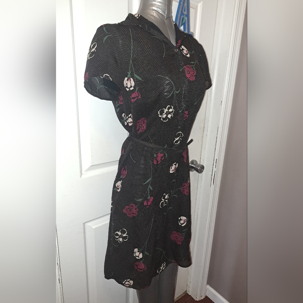 MERONA Belted Dress Brown Black Floral Lined Chiffon Sz S NWOT